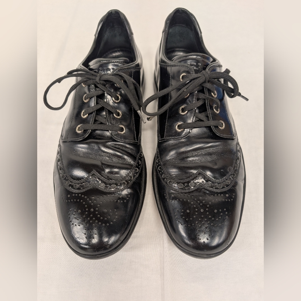 Prada Men's Black Patent Leather Wing Tip Shoes Size 10.5